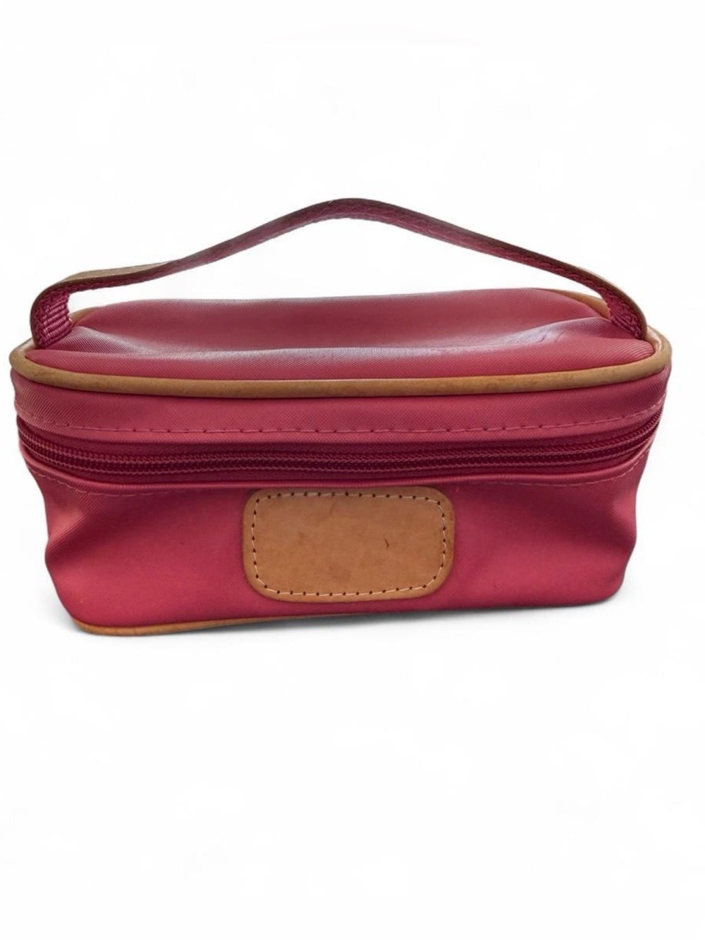 Jon Hart Design pink mini makeup bag, coated canvas with leather trim